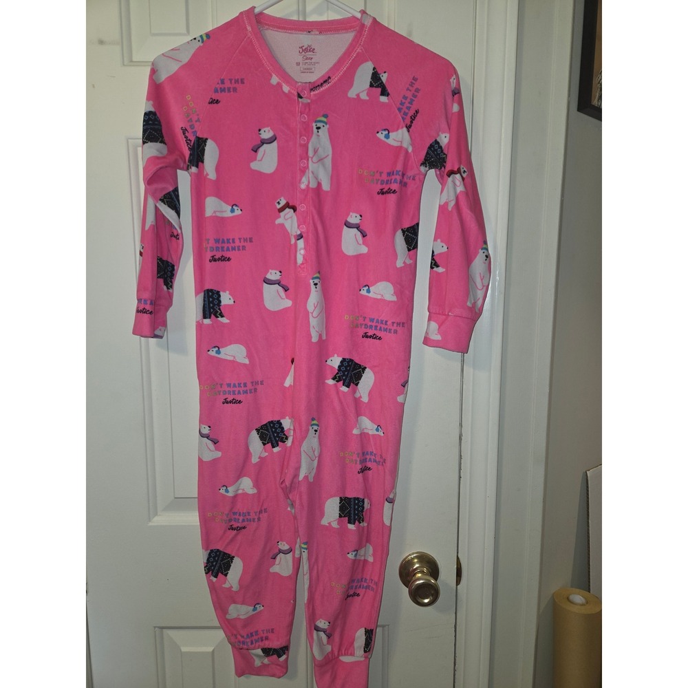 Justice Girls Pink Polar Bear Fleece Union Suit Pajamas Size XS 5-6